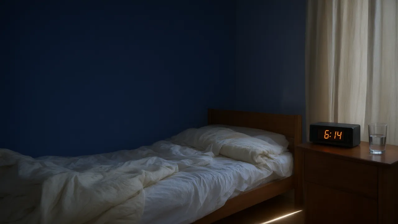 Camera da letto all'alba col comodino e la sveglia
