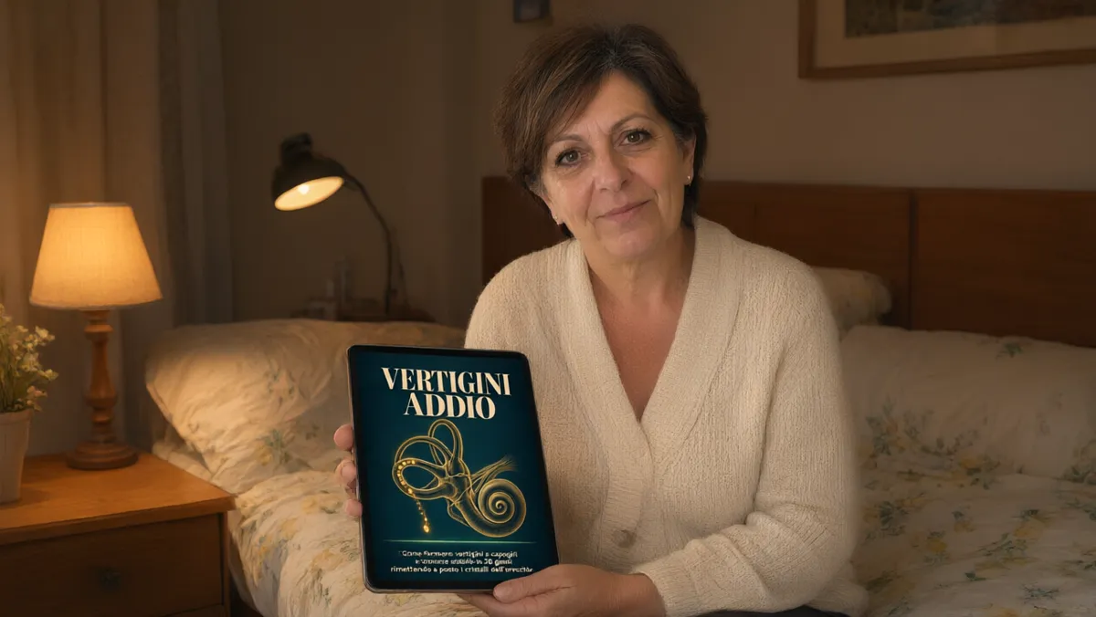Rosanna seduta sul letto con la guida Vertigini Addio sul tablet