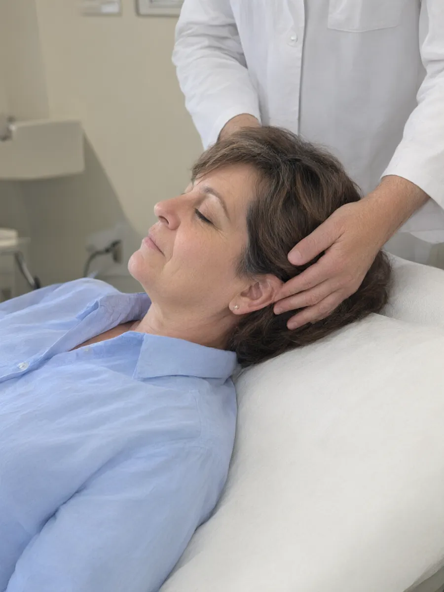 L'otorino le gira delicatamente la testa sul lettino, mani tra i capelli