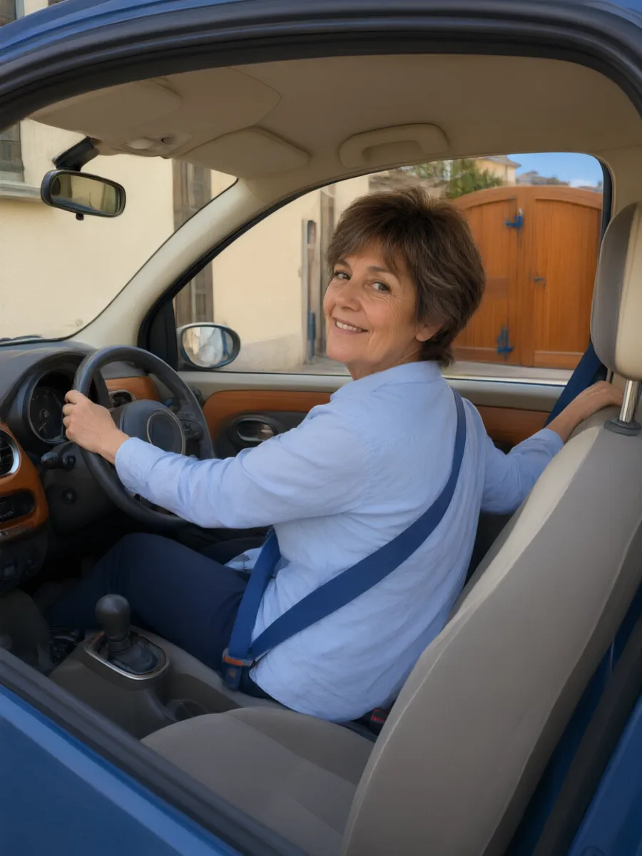 Rosanna al volante della sua macchina, sorride girandosi indietro